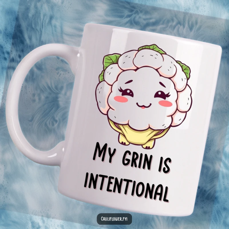 Funny kawaii cauliflower mug featuring a silly, lopsided grin and floppy leaves, a humorous veggie gift.