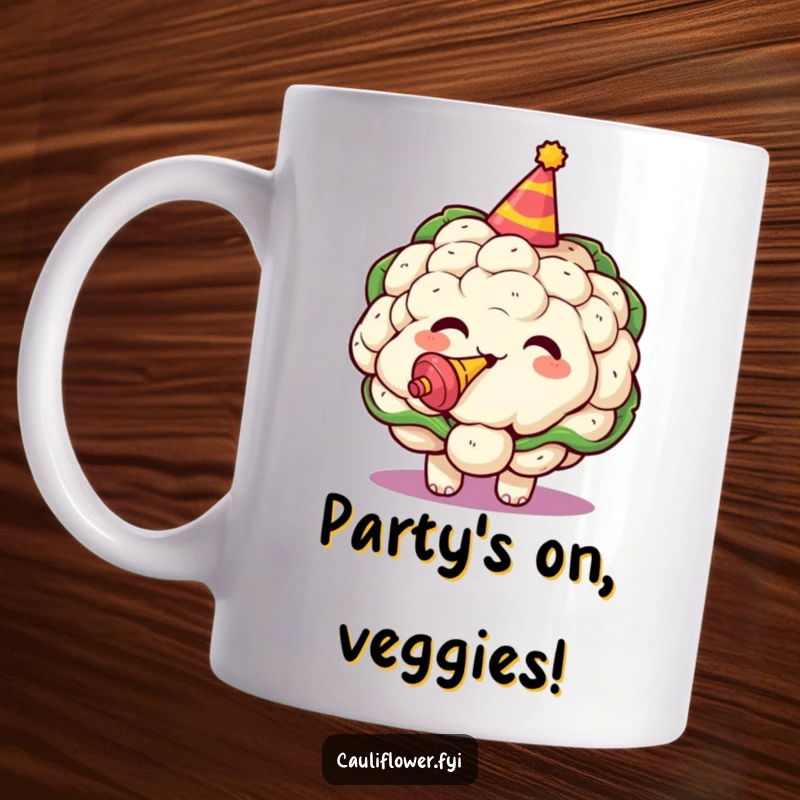 Funny mug featuring a kawaii cauliflower wearing a party hat and blowing a noisemaker joyfully.
