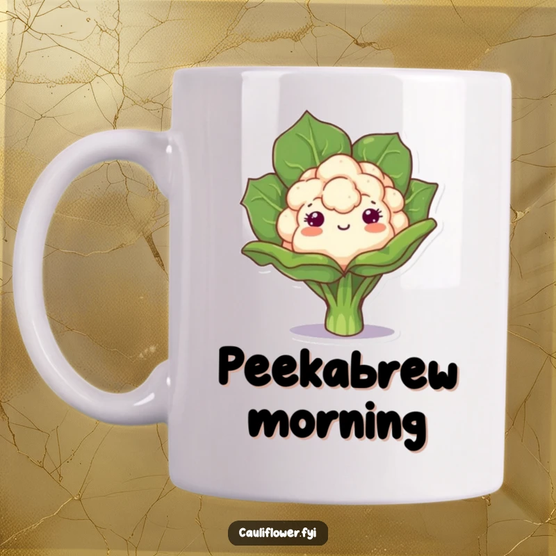 Funny mug with a shy kawaii cauliflower playfully peeking from behind a large leaf, exuding cute curiosity and humor.