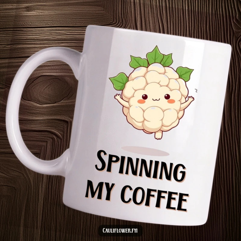 Funny mug of a kawaii cauliflower performing a comical pirouette with swirling green leaves around it.