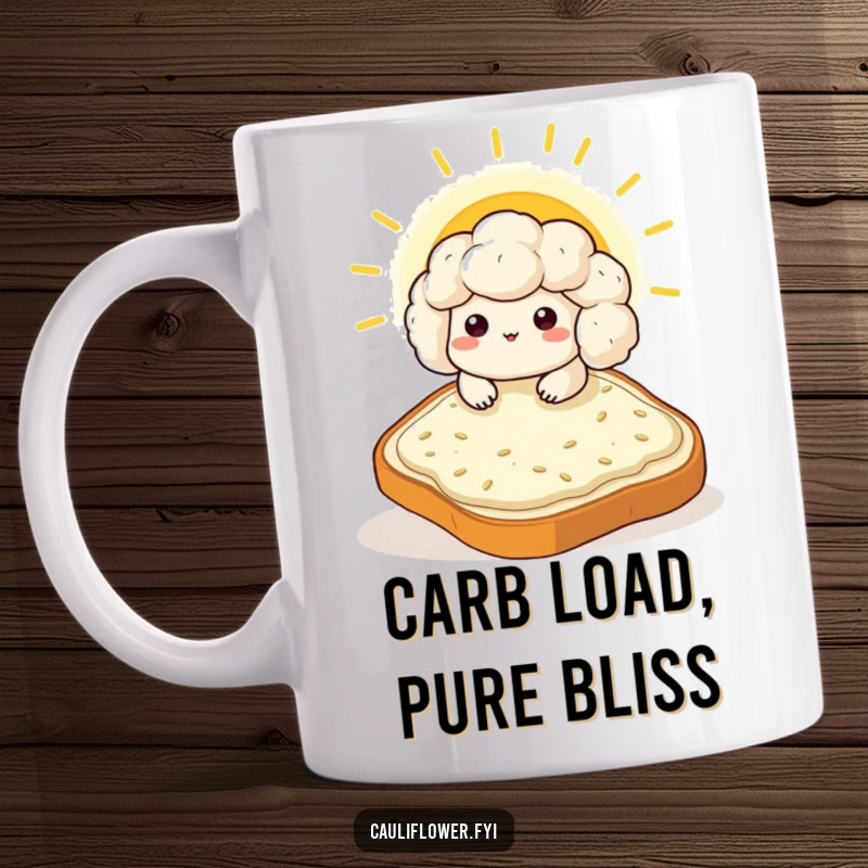 Funny Kawaii cauliflower relaxing on a giant toast slice, sunbathing, a humorous mug for chill moments.