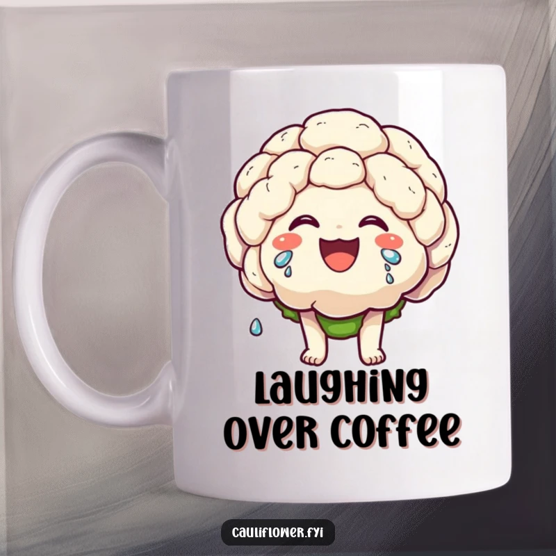 Funny ceramic mug featuring a kawaii cauliflower character laughing so hard that tears stream down its face, pure joy.
