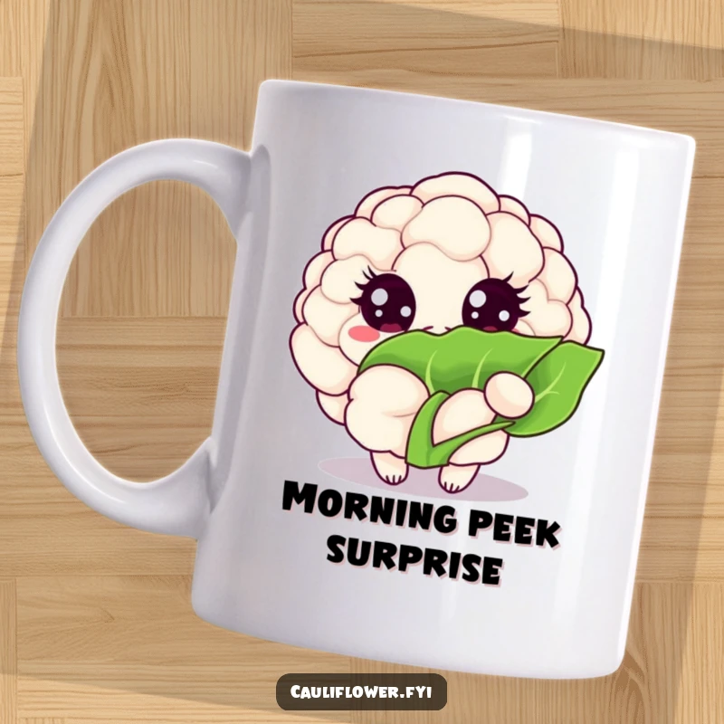 Funny Kawaii cauliflower mug shows a veggie with big, sparkling eyes playfully peeking from behind a green leaf.