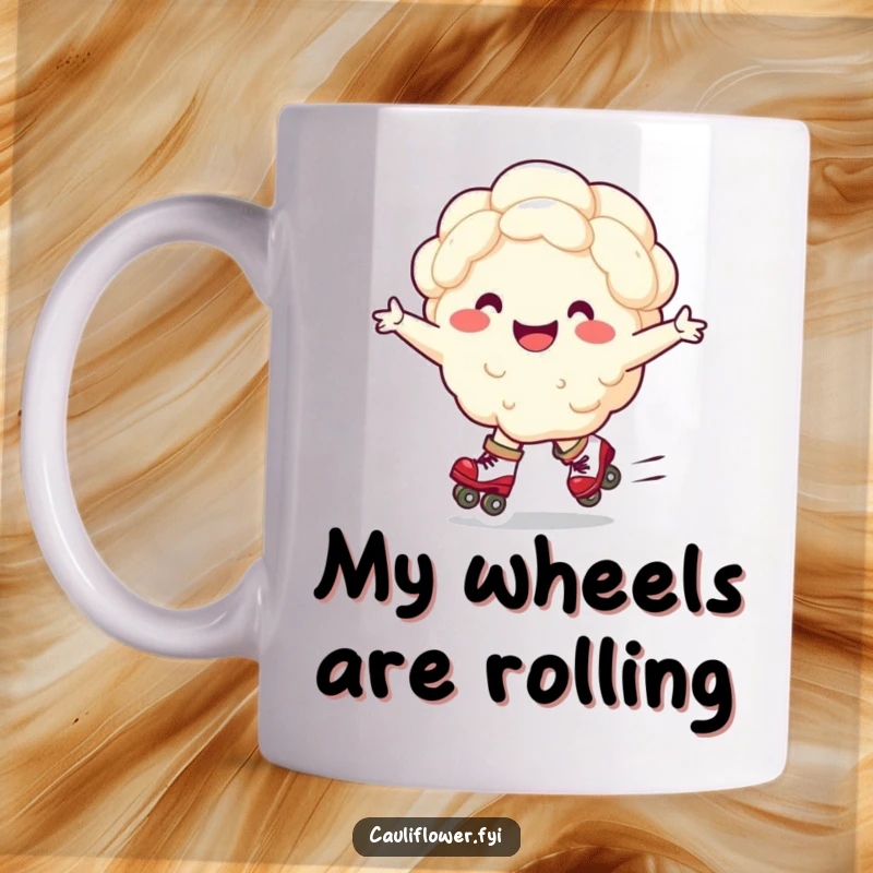 Funny mug featuring a joyful cauliflower character in roller skates, gliding with arms wide open, spreading veggie cheer.
