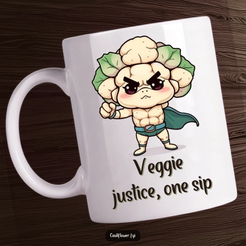 Funny Cauliflower Mug featuring a determined veggie hero striking a powerful superhero pose, ready to save the day with a smile.