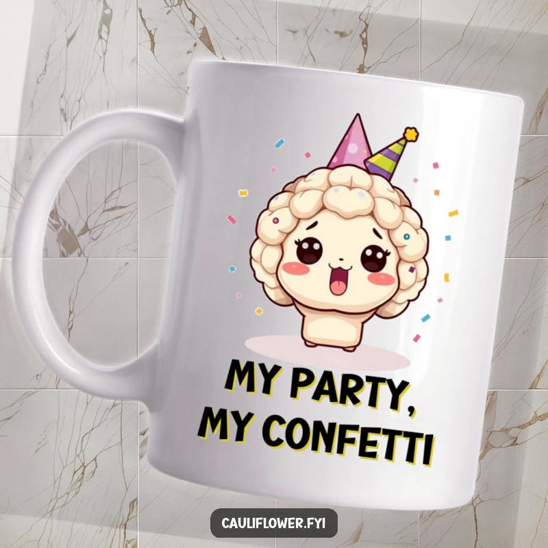 Funny surprised Kawaii cauliflower wearing a party hat, exploding with colorful confetti, a hilarious mug gift.