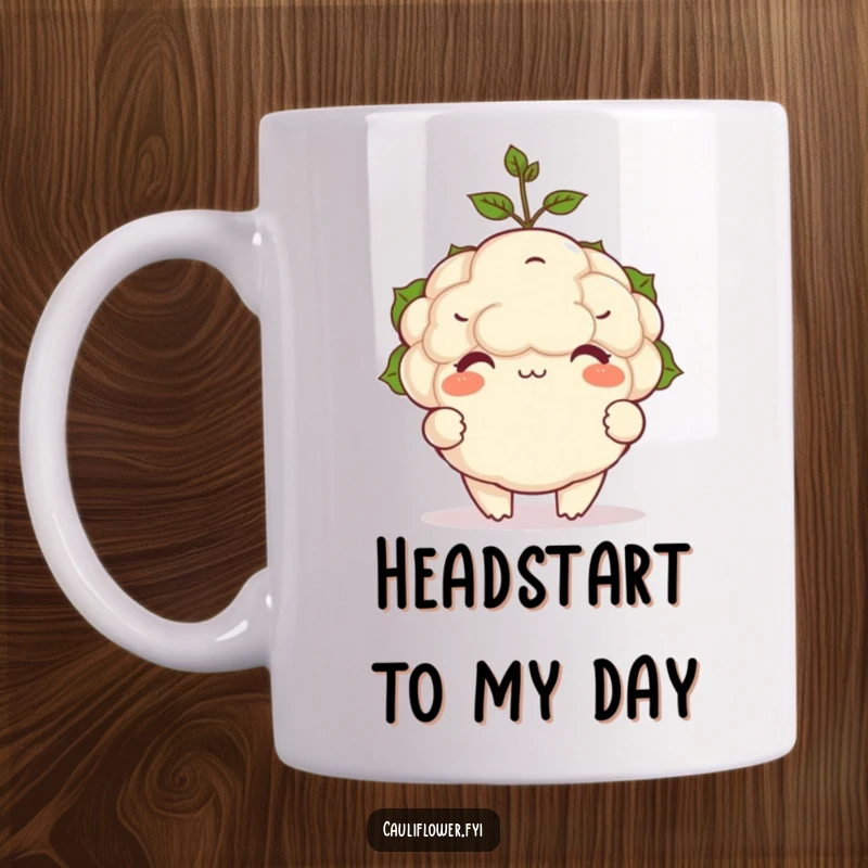 Funny mug of a plump, happy cauliflower character with a tiny green sprout balanced precariously on its head.