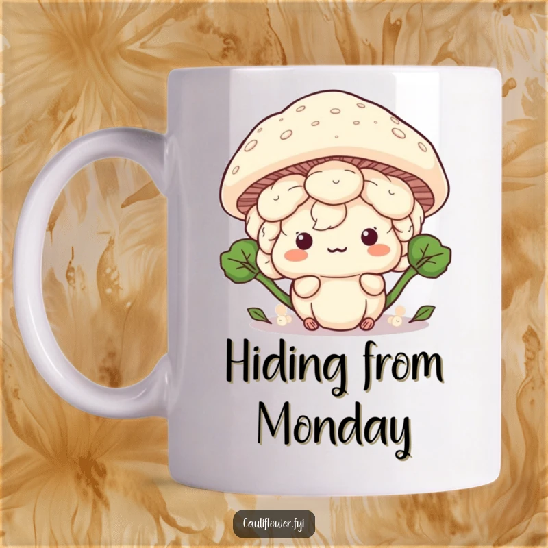 Funny Kawaii cauliflower playfully hiding behind a giant mushroom cap, peeking out, a humorous mug.