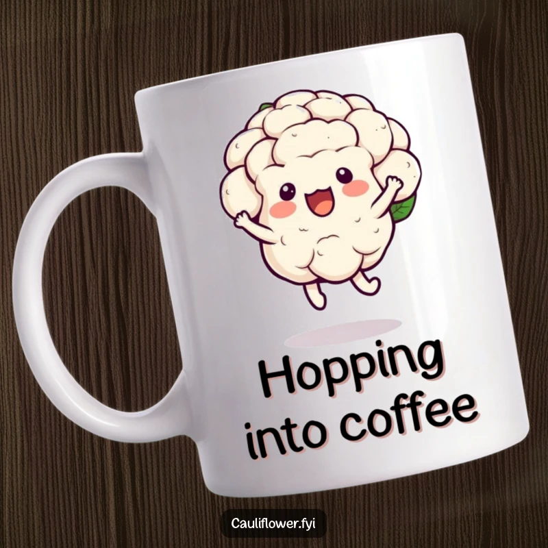 Funny kawaii cauliflower mug depicting a joyful hop with a bounce, a happy and humorous vegetable gift.