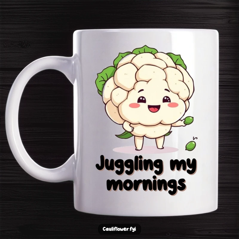 Funny cauliflower with a silly grin attempting to juggle three tiny peas on a mug, showing concentration.