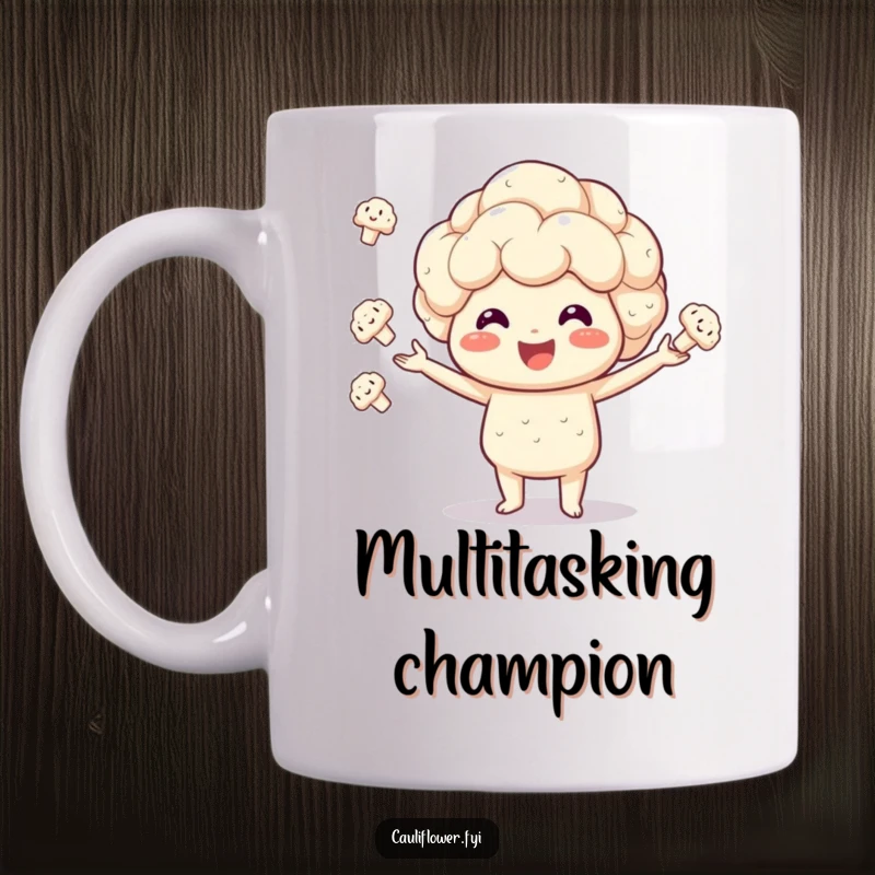 Funny Kawaii cauliflower mug shows a smiling veggie enthusiastically juggling smaller cauliflower florets, a playful kitchen scene.