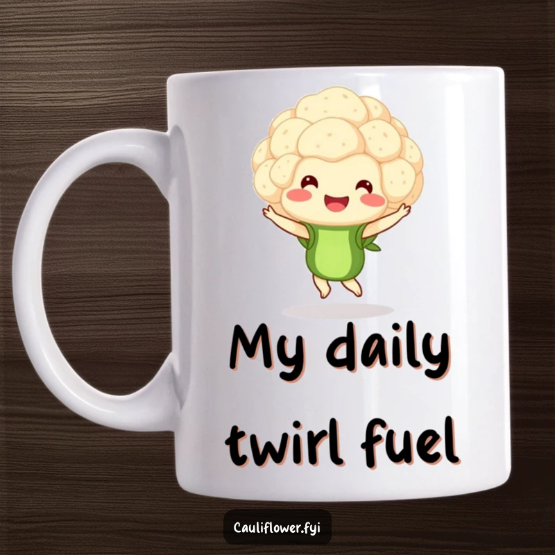 Funny mug featuring a smiling cauliflower floret performing a graceful pirouette, exuding joy and artistic flair.