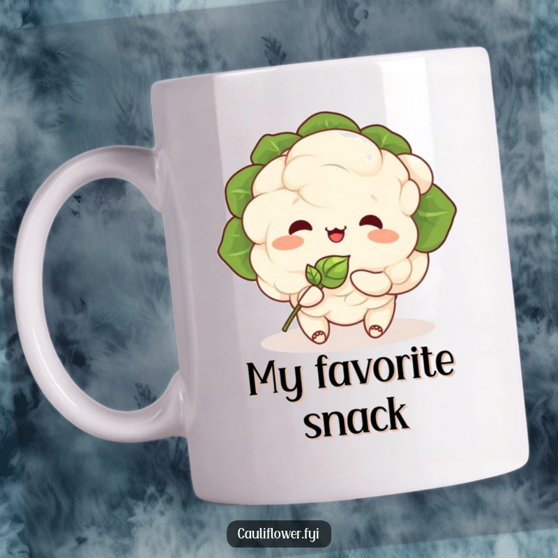 Funny Kawaii cauliflower character happily munching on a small, smiling sprout, depicted on a cheerful ceramic mug.
