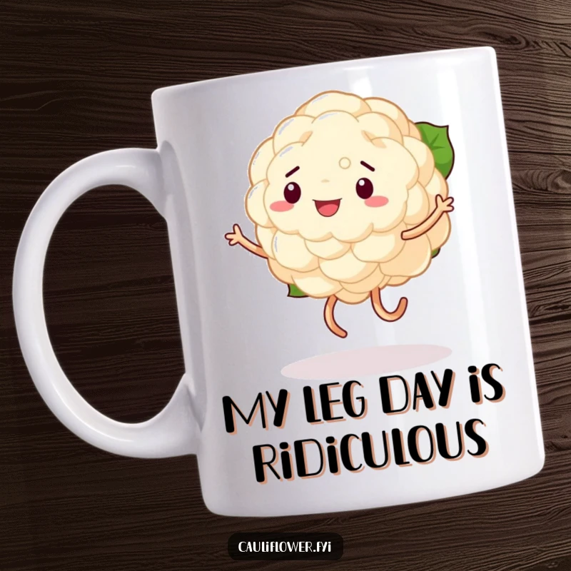 Funny mug with a cauliflower breakdancing with unsteady legs, radiating pure, unadulterated silliness and dance floor joy.