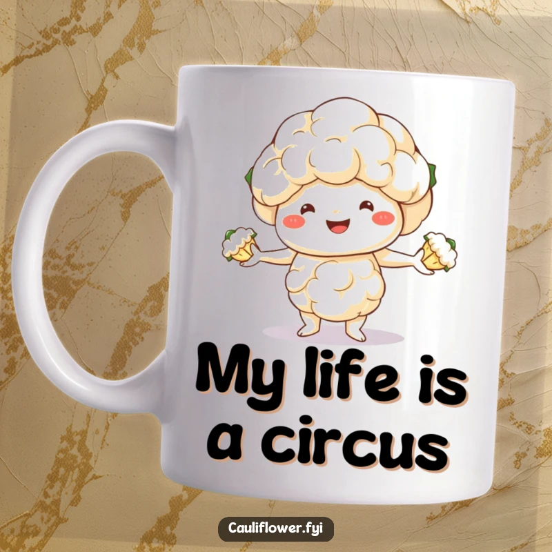 Funny mug featuring a smiling cauliflower character expertly juggling three small florets, showcasing playful juggling skills.