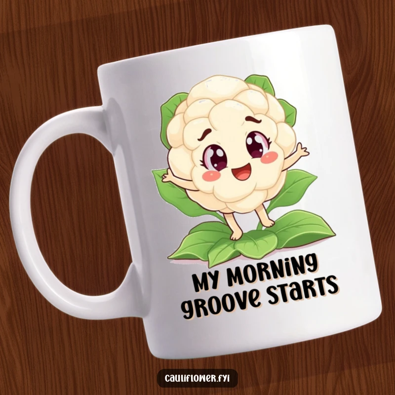 Funny mug of an excited cauliflower with big eyes doing a silly jig on a leafy bed, spreading joy and laughter.