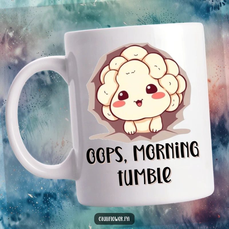 Funny stuck cauliflower mug featuring a vegetable character peeking out of a hole with a sheepish grin, perfect for relatable humor.