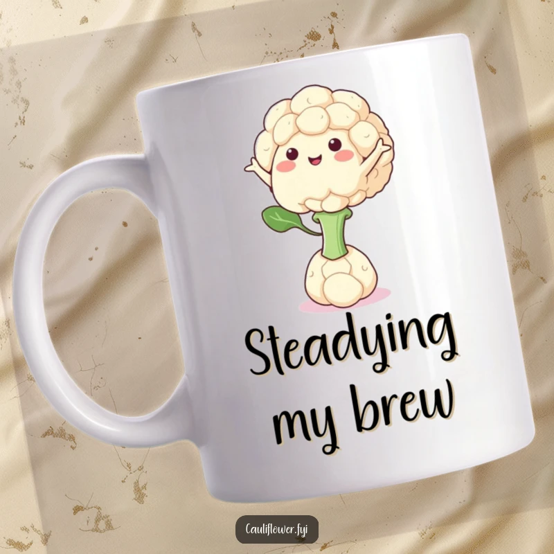 Funny mug featuring a cauliflower character skillfully balancing on a single floret, arms extended for stability.