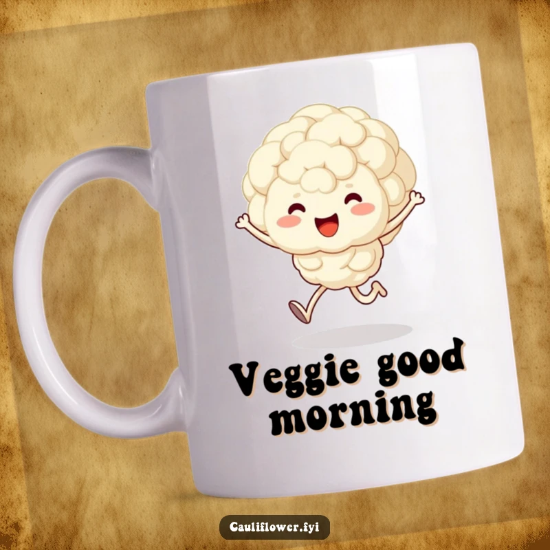 Funny mug showcasing a fluffy kawaii cauliflower character with arms and legs joyfully skipping, radiating pure, vegetable-themed happiness.
