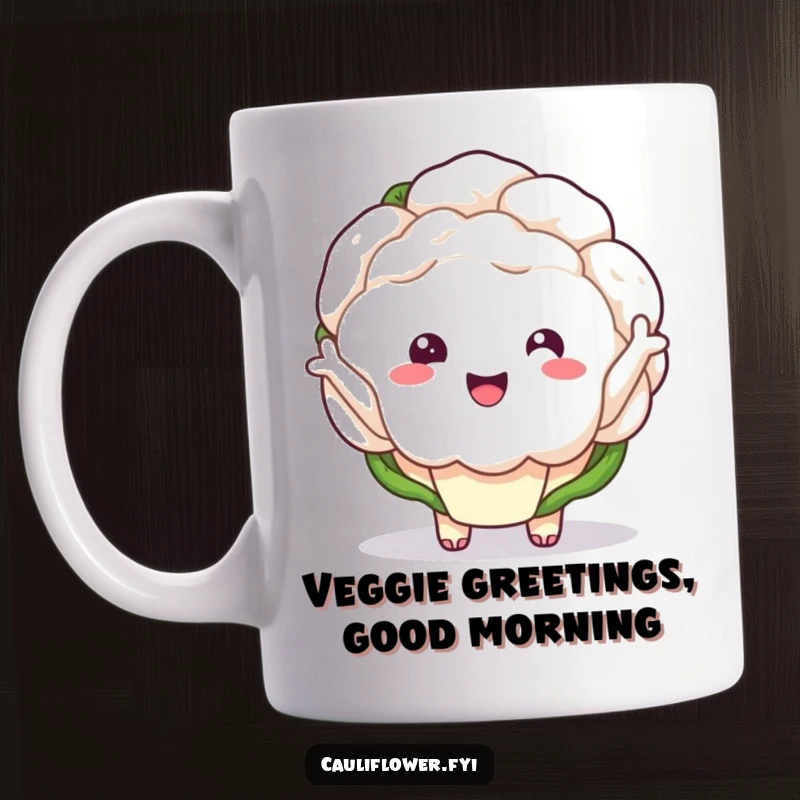 Funny kawaii cauliflower with tiny arms waving enthusiastically on a mug.