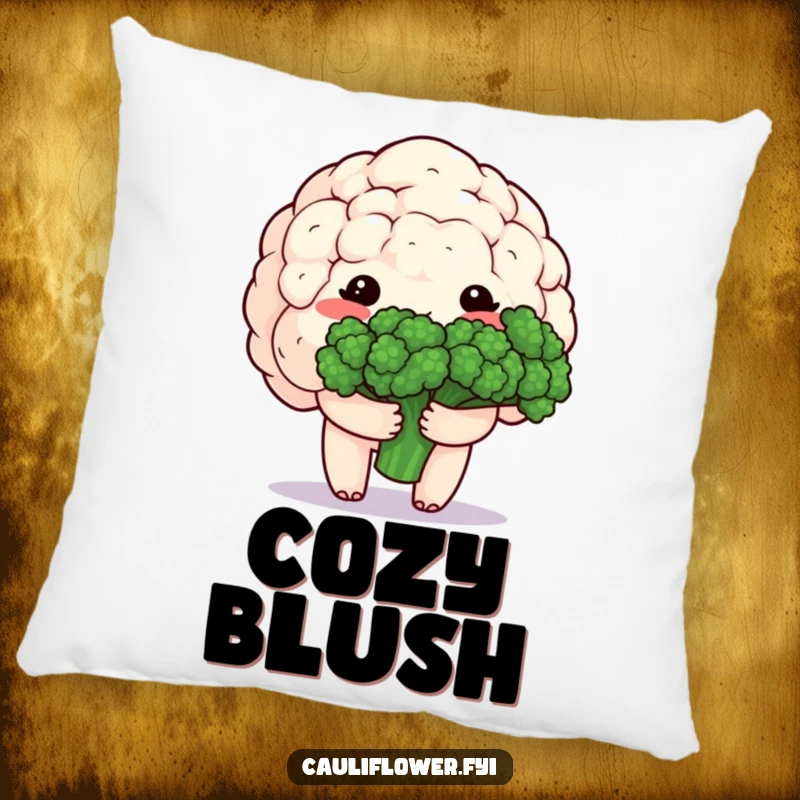 Funny pillow featuring a shy, blushing kawaii cauliflower character holding a bouquet of broccoli, soft and full of gentle charm.