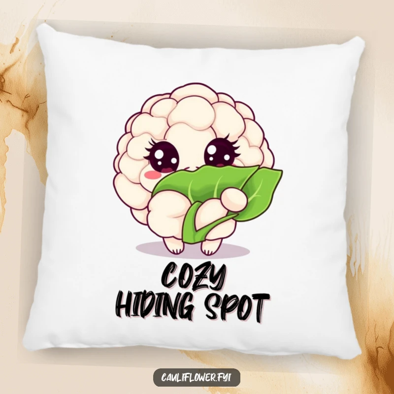 Funny Kawaii cauliflower pillow shows a veggie with big, sparkling eyes peeking from behind a leaf, perfect for adding comfort and whimsy.