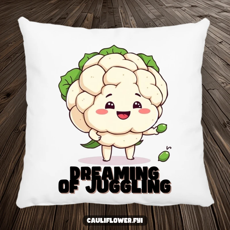 Funny cauliflower character attempting to juggle peas, a soft and humorous pillow for delightful decor.