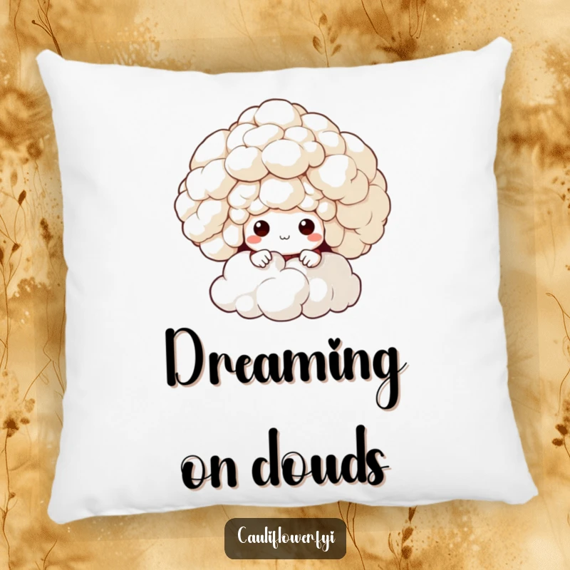 Funny pillow featuring a cauliflower character peeking from behind a fluffy cloud, offering comfort and comedic intrigue.
