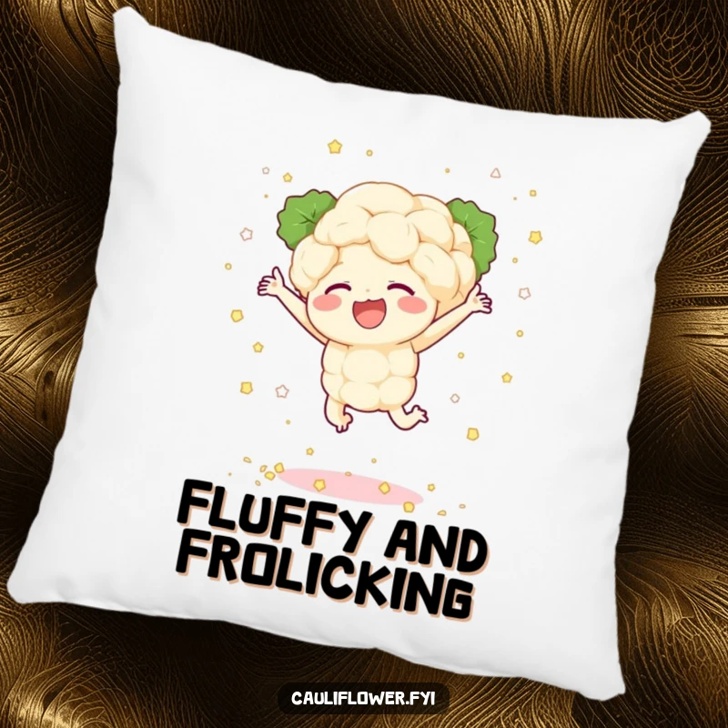 Funny pillow featuring a plush cauliflower character leaping joyfully, scattering tiny florets like confetti, offering comfort and cheerful charm.