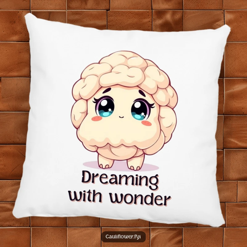 Funny pillow showcasing a happy cauliflower character looking up with wide, sparkling eyes, embodying pure fascination and awe.