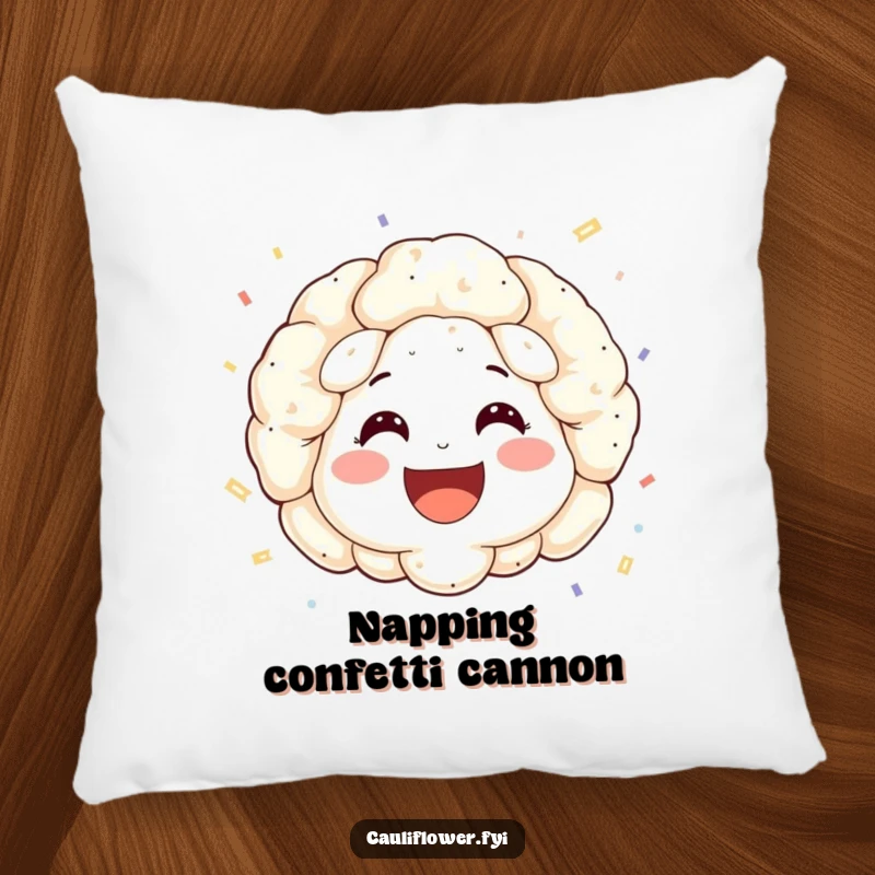 Funny pillow featuring a happy cauliflower face with rosy cheeks and a wide smile, showering confetti.