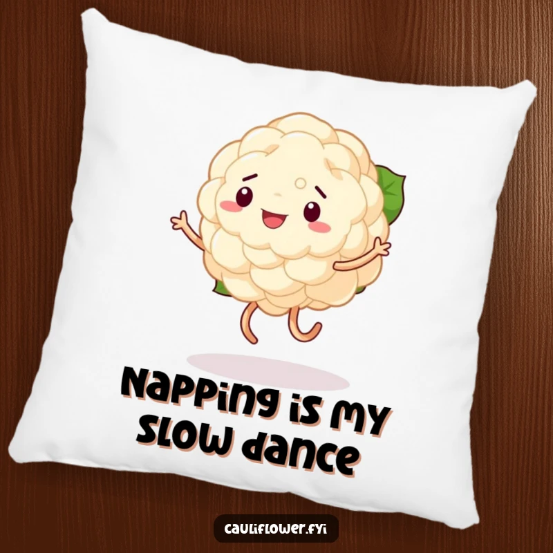 Funny pillow showcasing a cauliflower executing a comical, unsteady dance with its legs wobbling, offering a soft spot for laughter.