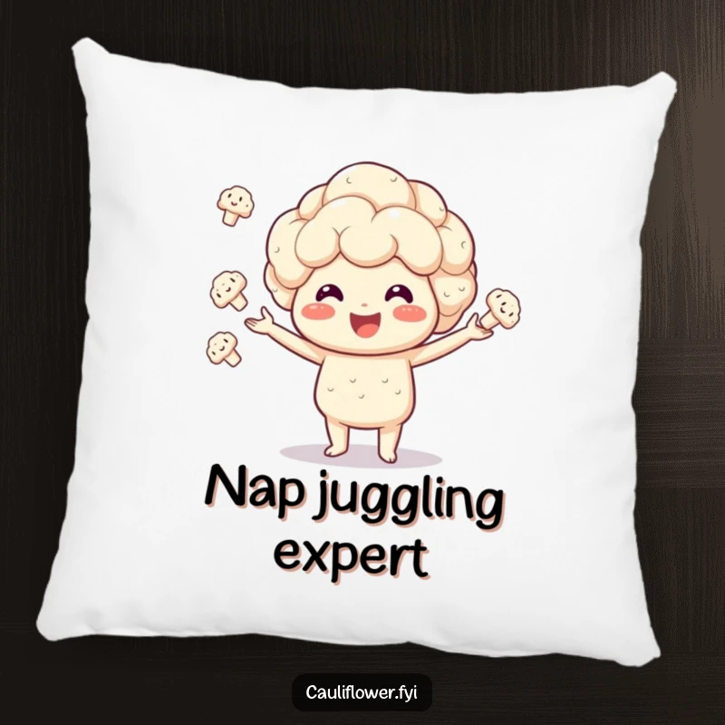 Funny Kawaii cauliflower pillow shows a cheerful veggie juggling florets with great enthusiasm, perfect for adding comfort and humor.