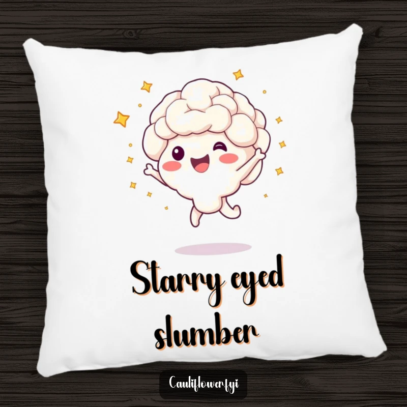 Funny pillow featuring a cauliflower character in a happy jump, with little stars bursting around it.