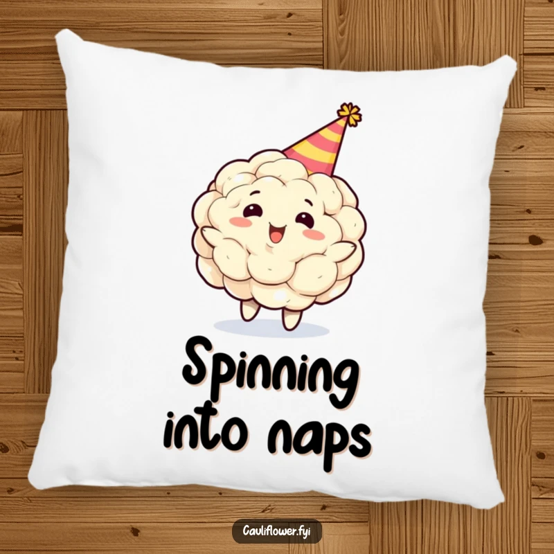 Funny cauliflower character wearing a party hat, spinning gleefully on a pillow, offering comfort and a splash of whimsical humor to any seating area.