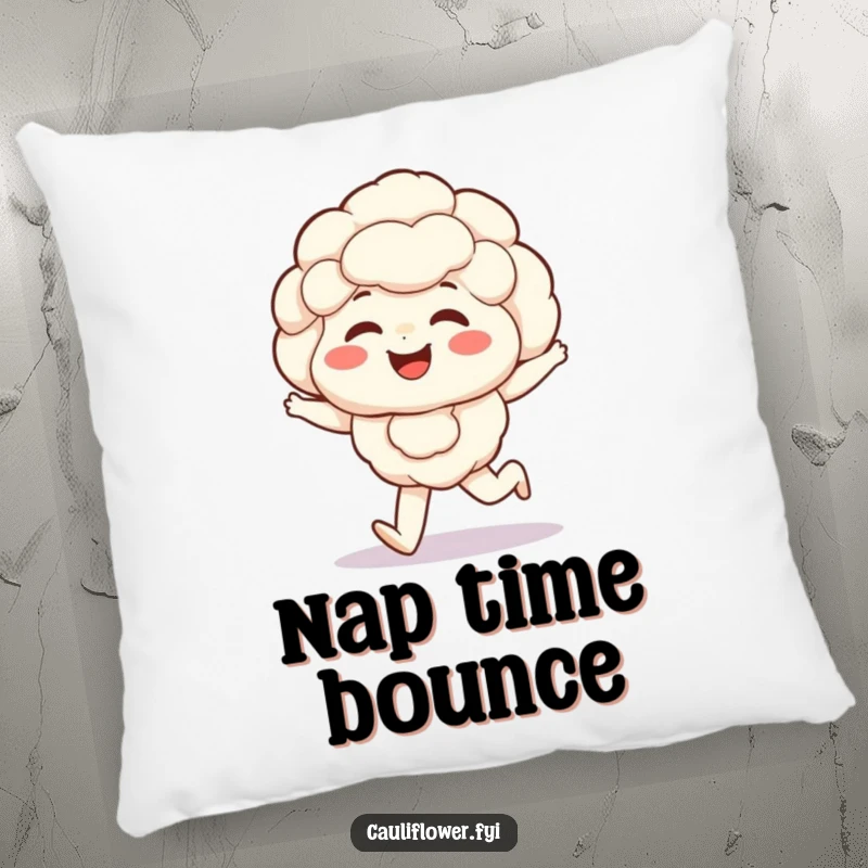 Funny Kawaii cauliflower pillow shows a giggling veggie with rosy cheeks happily skipping, perfect for adding comfort and cheer.