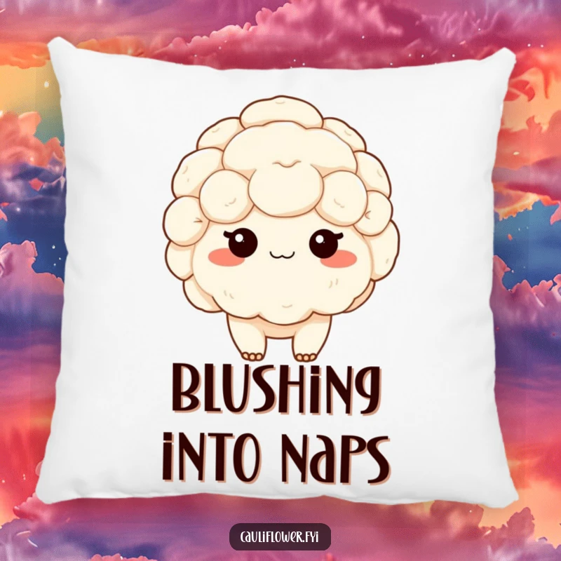 Funny pillow with a shy kawaii cauliflower blushing, offering soft comfort and radiating sweet, bashful charm for a cute funny gift.