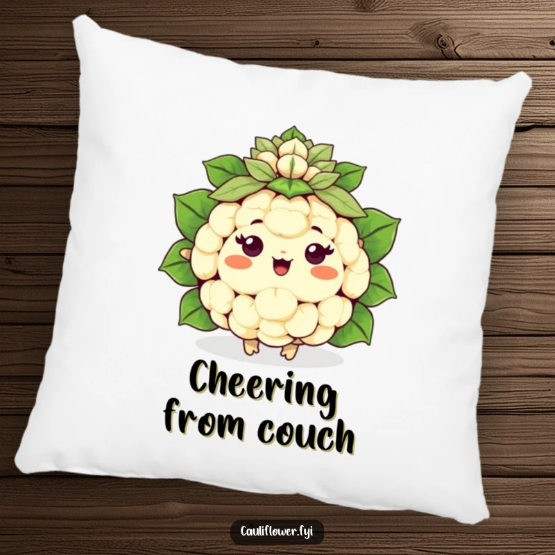 Funny happy Kawaii cauliflower cheering with a leafy pom-pom, a soft and humorous pillow.