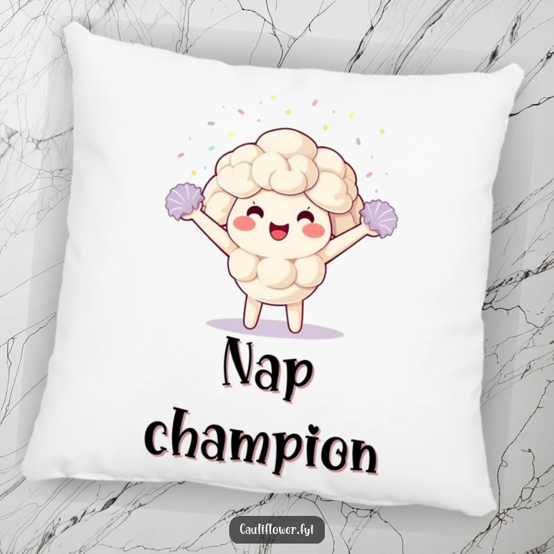 Funny Pillow with a cuddly kawaii cauliflower character cheering happily, adorned with pom-poms and sparkly confetti, offering cozy amusement.