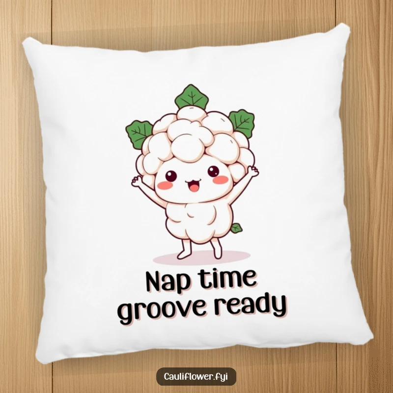 Funny Kawaii cauliflower character in a happy dance pose, perfect for a soft, decorative, and humorous throw pillow.
