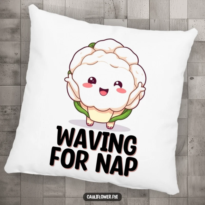 Funny kawaii cauliflower with tiny arms waving enthusiastically on a pillow.