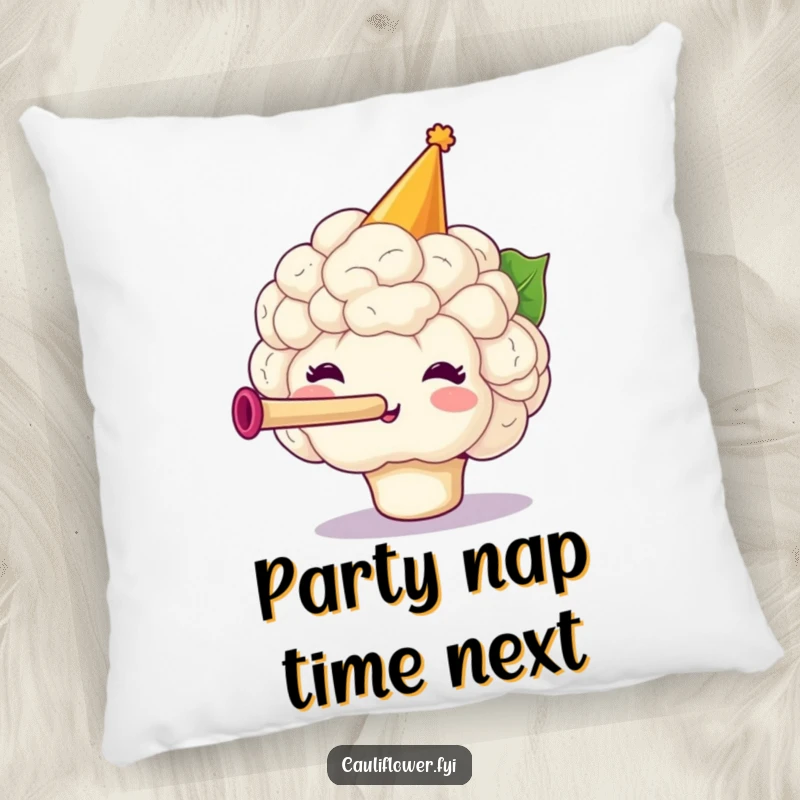 Funny Cauliflower Pillow showcasing a festive veggie in a party hat blowing a horn, offering comfort with celebratory humor.