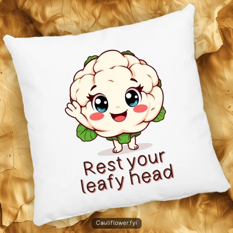 Funny cauliflower throw pillow featuring a cheerful vegetable character waving hello, providing comfort and a touch of humor for sofas and beds.