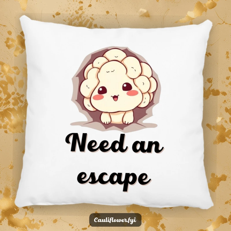 Funny cauliflower throw pillow featuring a character stuck in a hole with a sheepish grin, offering comfort and relatable humor.