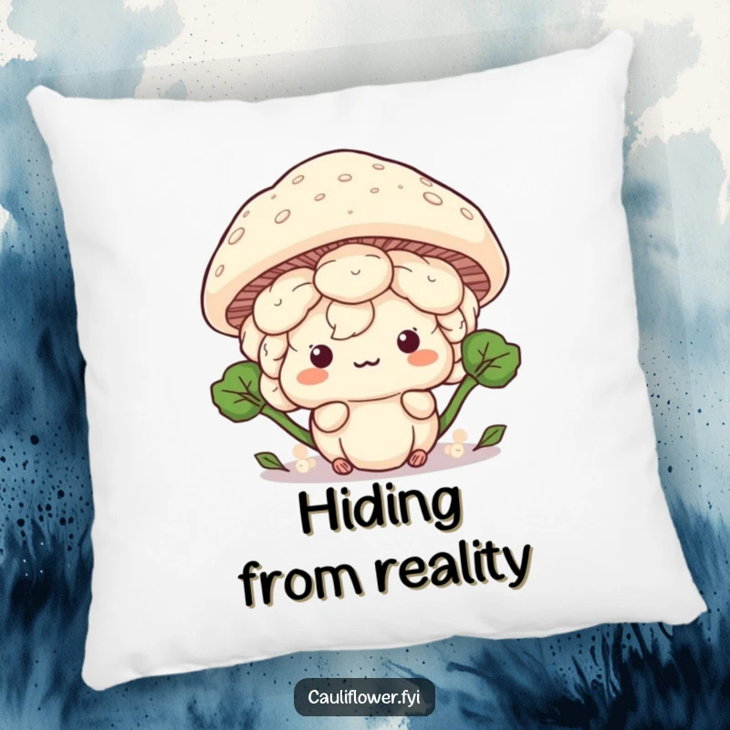 Funny Kawaii cauliflower hiding behind a giant mushroom cap, a soft and humorous pillow.