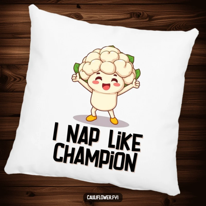 Funny cauliflower character, a vegetable race winner, strikes a triumphant pose on a soft, decorative pillow, bringing humor.