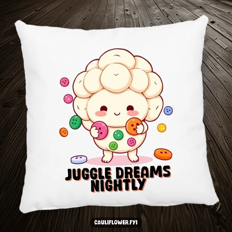 Funny Kawaii cauliflower character juggling colorful buttons, creating a cute and humorous design for a decorative pillow.