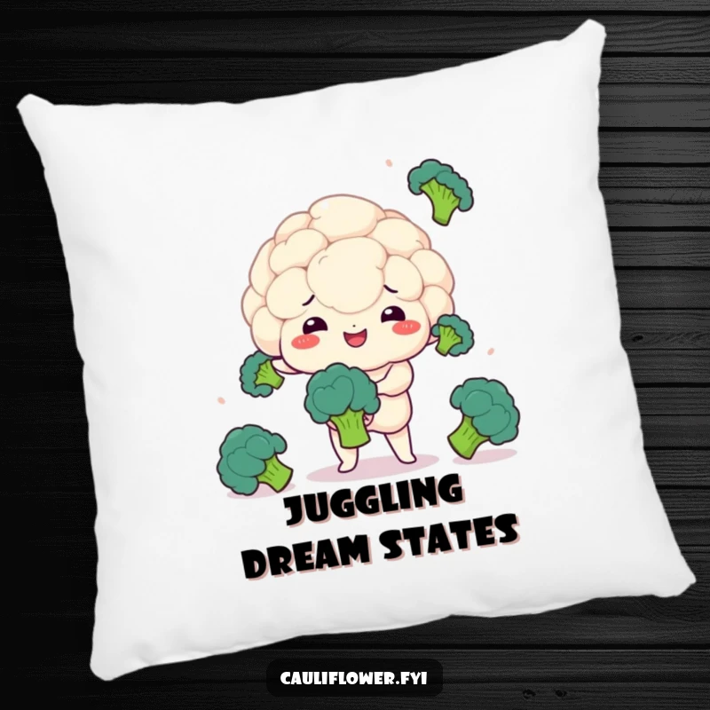 Funny pillow featuring a kawaii cauliflower juggling broccoli florets, adding comfort and humorous talent.