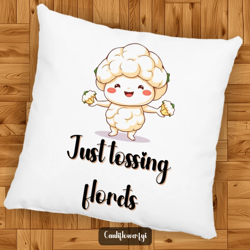 Funny pillow with a smiling cauliflower character juggling three mini florets, providing comfort and comedic cheer.