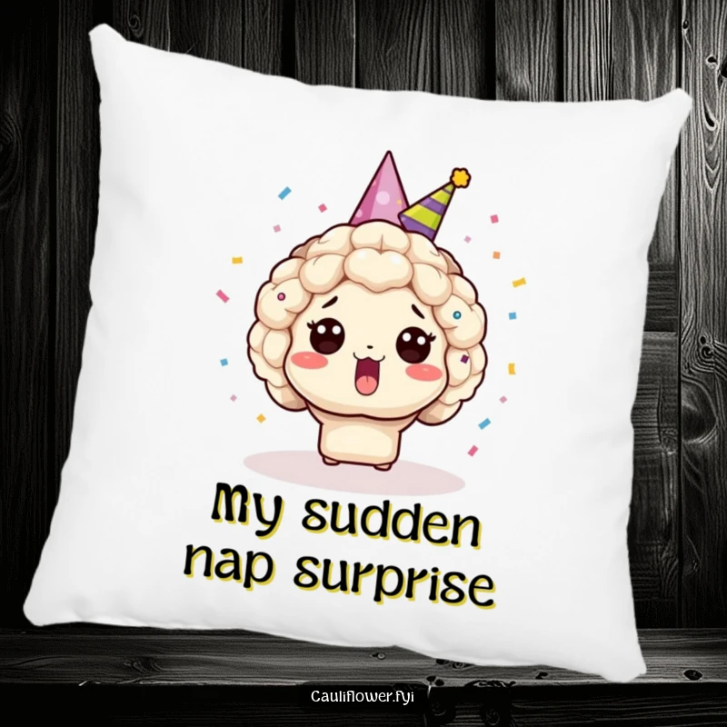 Funny surprised Kawaii cauliflower in a party hat, bursting with confetti, a soft and humorous pillow.